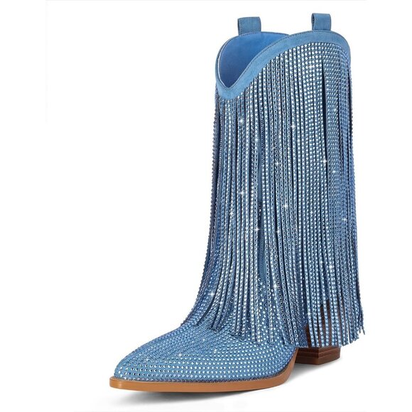 Women's Blue Cowgirl Rhinestone Boots With Sparkly Fringe Pointed Toe Wide Calf - Picture 1 of 9